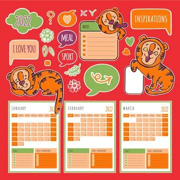 TIGER PLANNER WINTER 2022 Printable And Cutting Vector Set Stock Illustration