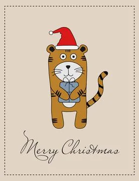 Tiger postcard with a gift in its paws Stock Illustration