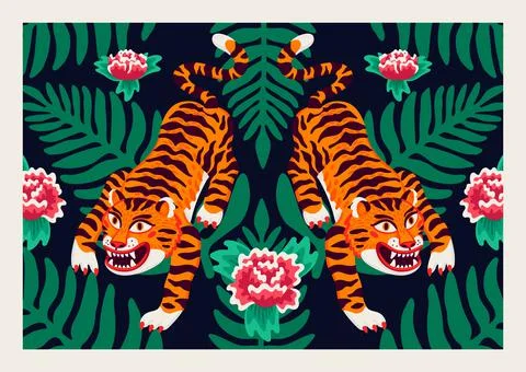 Tiger poster, vector tigers, and palm leaves and flowers in cartoon asian style Stock Illustration