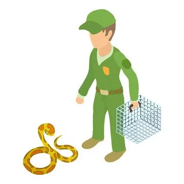 Tiger python icon isometric vector. Man in green uniform near python snake icon Stock Illustration