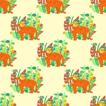 Tiger in the rainforest. Pattern. Stock Illustration