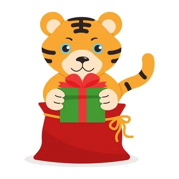 Tiger in a red bag with a gift isolated on a white background Stock Illustration