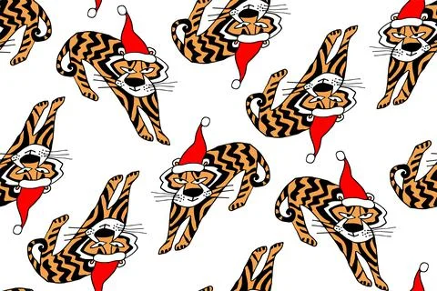 Tiger in red cap seamless pattern with Christmas symbol 2022 isolated. Stock Illustration