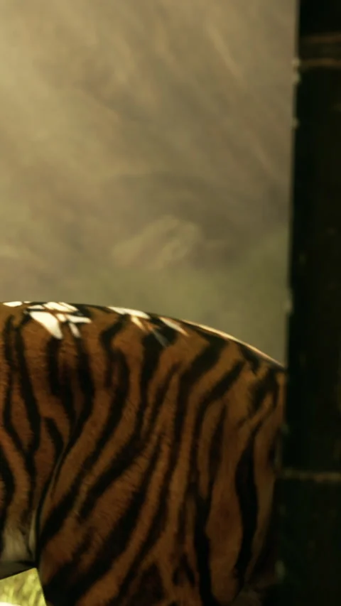 Tiger resting behind bars in zoo during daytime visit by visitors Stock Footage 335354731