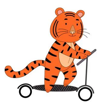 Tiger rides on a scooter, a cute animal. the idea of a character for a greeting Stock Illustration