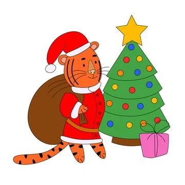 Tiger-Santa Claus with a bag of gifts at the Christmas tree, a cute animal. Stock Illustration