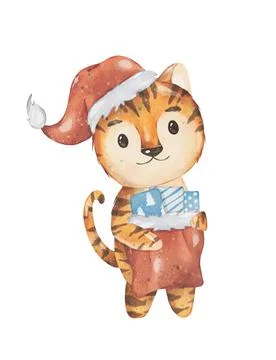 Tiger Santa with present Stock Illustration