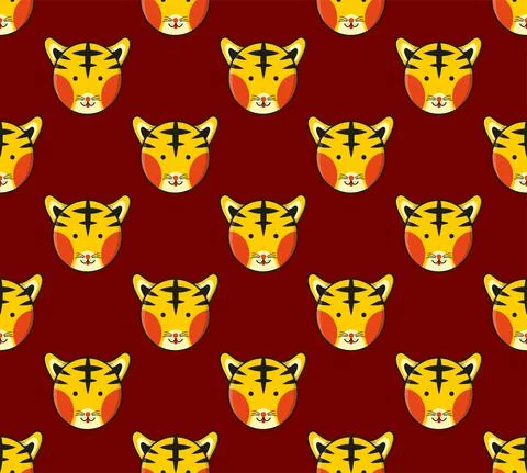 Tiger Seamless on Dark Red Background. Vector Illustration Stock Illustration