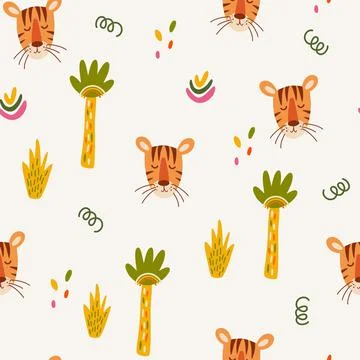 Tiger seamless pattern. Muzzle of a cute tiger cub with jungle plants. Tropic Stockillustratie