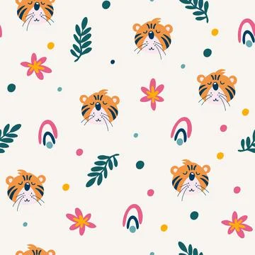 Tiger seamless pattern. Muzzle of a cute tiger cub with jungle plants. Tropic Stock Illustration
