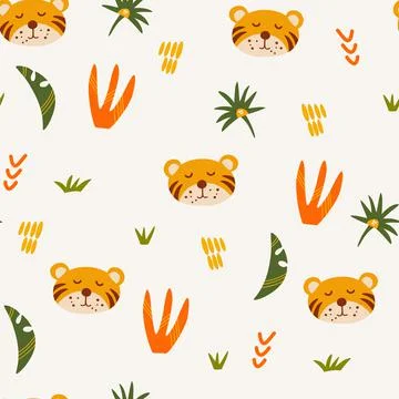 Tiger seamless pattern. Muzzle of a cute tiger cub with jungle plants. Tropic Stock Illustration
