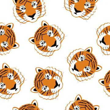 Tiger seamless pattern. Tigers heads isolated on the white background. Animal Stock Illustration