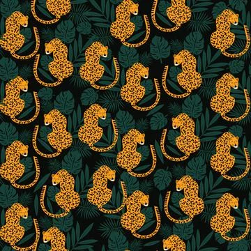 Tiger seamless pattern with tropical leaves Stock Illustration