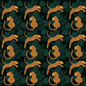Tiger seamless pattern with tropical leaves Stock Illustration