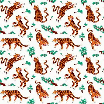 Tiger seamless pattern, vector animal print with cute tigers and Japanese pine Stock Illustration