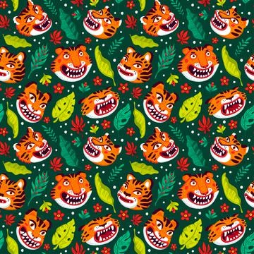 Tiger seamless pattern, vector animal print with cute tigers and tropical leaves Stock Illustration
