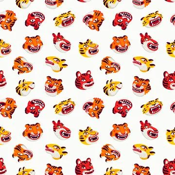 Tiger seamless pattern, vector animal print with cute tigers faces. Organic flat Stock Illustration