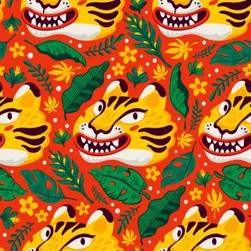 Tiger seamless pattern, vector animal print with cute tigers and tropical leaves Stock Illustration