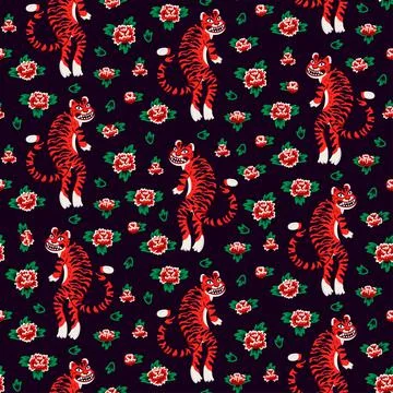 Tiger seamless pattern, vector animal print with cute tigers, and Chinese roses Stock Illustration