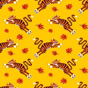 Tiger seamless pattern, vector animal print with cute tigers, and Japanese maple Stock Illustration