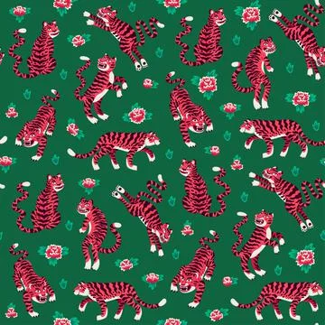 Tiger seamless pattern, vector animal print with cute tigers, and Chinese Illustrazione stock