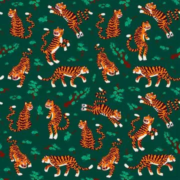 Tiger seamless pattern, vector animal print with cute tigers and Japanese pine Stock Illustration