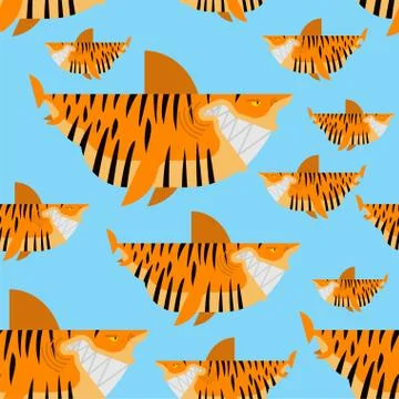Tiger shark pattern seamless. Sea animal predator background. Vector texture. Stock Illustration