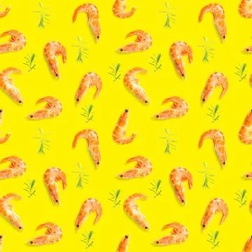 Tiger shrimp. Seamless pattern made from Prawn isolated on a yellow background 写真素材