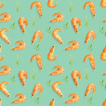 Tiger shrimp. Seamless pattern made from Prawn isolated on a green background Stock Photos