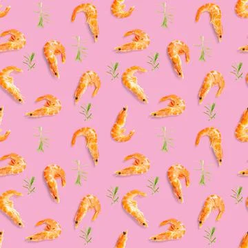 Tiger shrimp. Seamless pattern made from Prawn isolated on a pink background Stock Photos