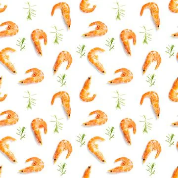 Tiger shrimp. Seamless pattern made from Prawn isolated on a white background Stock Photos