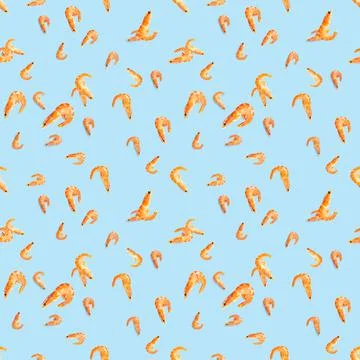Tiger shrimp. Seamless pattern made from Prawn isolated on a blue background Stockfoto's