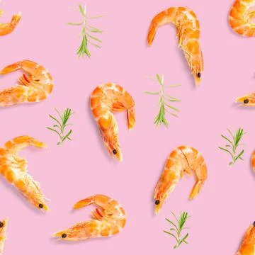 Tiger shrimp. Seamless pattern made from Prawn isolated on a pink background Stock Photos