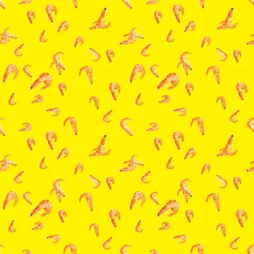 Tiger shrimp. Seamless pattern made from Prawn isolated on a yellow background Stockfoto's