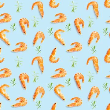 Tiger shrimp. Seamless pattern made from Prawn isolated on a blue background Stock Photos