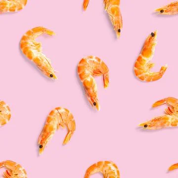 Tiger shrimp. Seamless pattern made from Prawn isolated on a pink background Stock Photos
