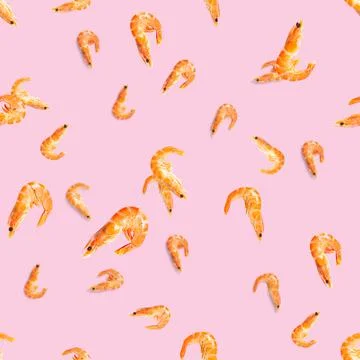 Tiger shrimp. Seamless pattern made from Prawn isolated on a pink background Foto stock