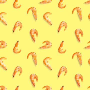 Tiger shrimp. Seamless pattern made from Prawn isolated on a yellow background Stock Photos