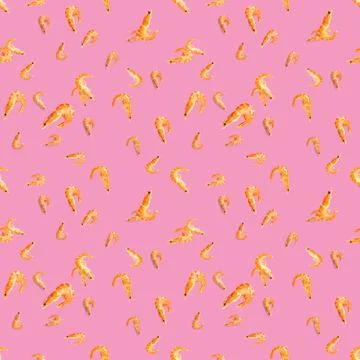 Tiger shrimp. Seamless pattern made from Prawn isolated on a pink background Stock Photos