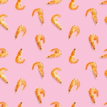 Tiger shrimp. Seamless pattern made from Prawn isolated on a pink background Stock Photos