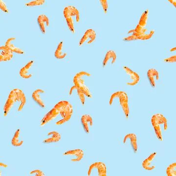 Tiger shrimp. Seamless pattern made from Prawn isolated on a blue background Stock Photos