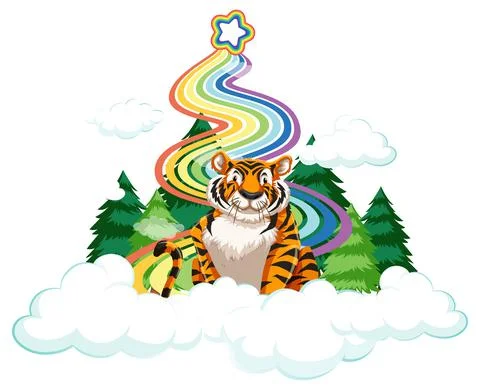 A tiger sitting on the cloud with rainbow on white background Stock Illustration