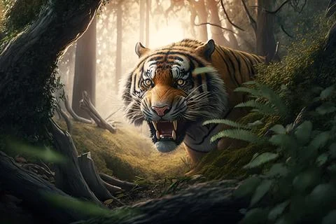 The tiger stood in the deep forest. Stock Illustration