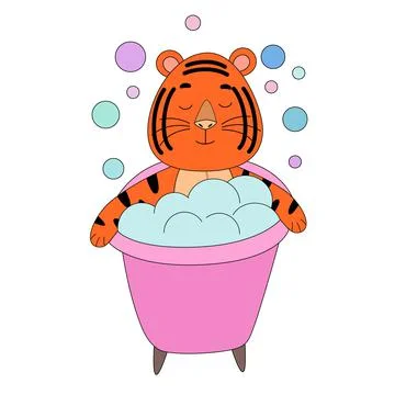 Tiger takes a bubble bath, cute animal. the idea of a character for a greeting Stock Illustration