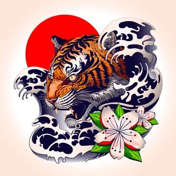 Tiger tattoo design with japanese decorative style. Vector illustration Stock Illustration