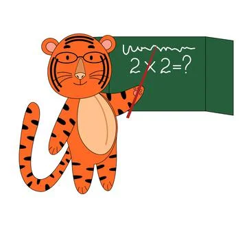 Tiger-a teacher with glasses and a pointer at the blackboard, a cute animal. Stock Illustration