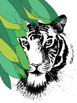 Tiger under leafes in vector Stock Illustration