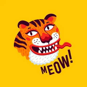 Tiger vector head, cartoon tiger funny face and meow text on yellow background Stock Illustration