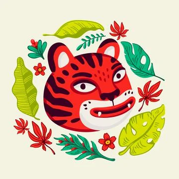 Tiger vector head, cartoon tiger funny face in tropical flowers and leaves Stock Illustration