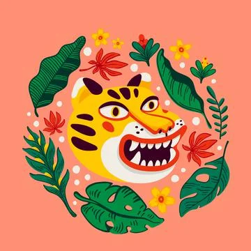 Tiger vector head, cartoon tiger funny face in tropical flowers and leaves Stock Illustration
